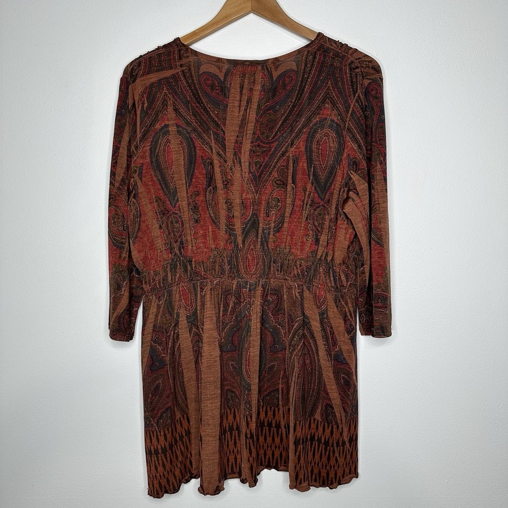 One World Babydoll Tunic Top Brown‎ Paisley Embellished Boho Size 1X - Picture 2 of 11
